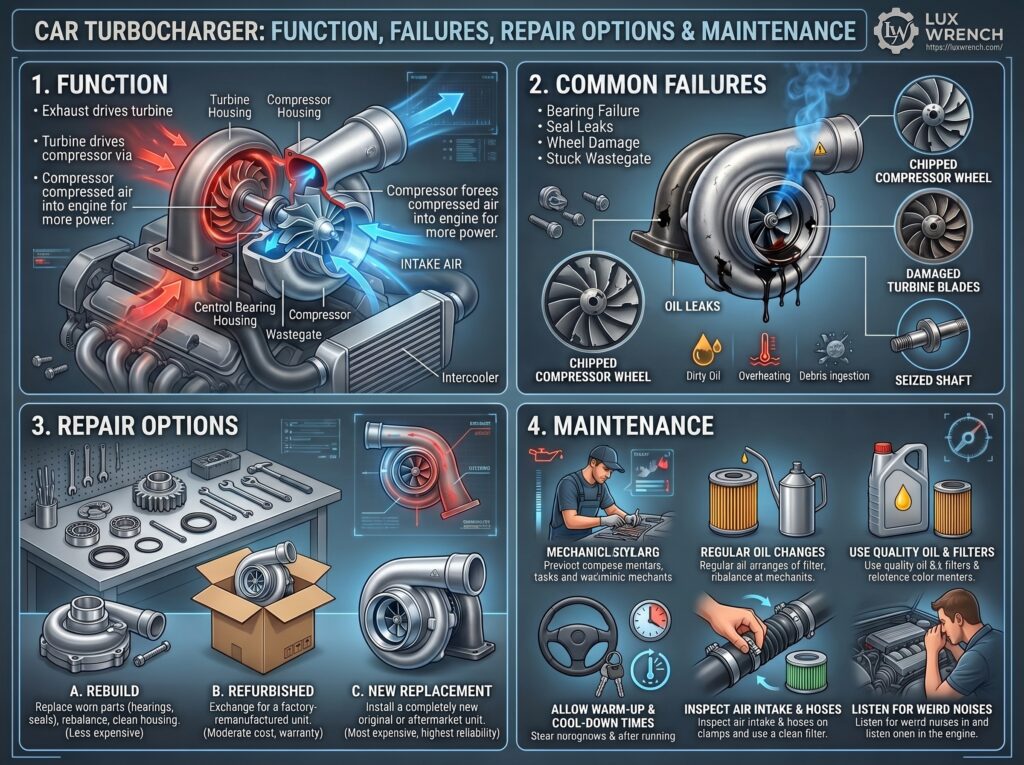 Car Turbocharger: Function, Failures, Repair Options and Maintenance